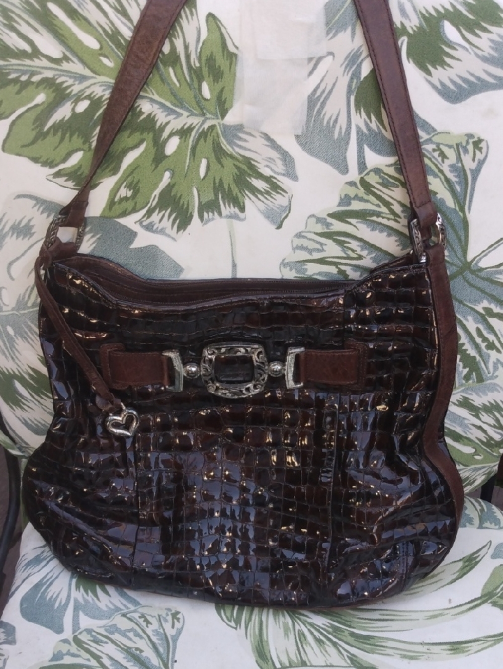 Brighton Dark Brown Croc-Embossed Shoulder Bag with Silver Hardware